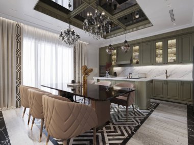Şatafatlı mutfak ve yemek salonu örtülü sandalyeler, mermer tezgahlar ve karmaşık avizeler. Mekan zarif bir ortam için klasik ve modern tasarımı birleştiriyor. 3B görüntüleme, 3B resimleme.