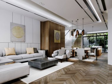 Ahşap aksanlı, parlak mobilyalı ve büyük pencereli modern açık konsept yaşam ve yemek alanı. Doğal ışık ve minimalist tasarım sıcak ve davetkar bir atmosfer yaratır. 3B görüntüleme, 3B resimleme.