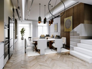 Günümüz mobilyaları, ahşap aksanları ve modern ışıklandırması olan açık planlı yemek alanı. Zarafet ve işlevselliği vurgulayan minimalist bir tasarıma sahip parlak ve havadar. 3B görüntüleme, 3B resimleme.