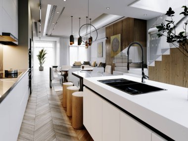 Merkezi bir adası olan modern mutfak ve yemek odası, gösterişli eşyalar ve doğal ahşap elementler. Açık ve havadar düzen işlevselliği ve çağdaş tarzı vurgular. 3B görüntüleme, 3B resimleme.