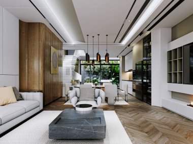  Ahşap aksanlı, parlak mobilyalı ve büyük pencereli modern açık konsept yaşam ve yemek alanı. Doğal ışık ve minimalist tasarım sıcak ve davetkar bir atmosfer yaratır. 3B görüntüleme, 3B resimleme.