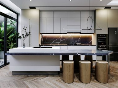 Büyük bir adası, ahşap tabureleri ve çarpıcı bir mermer arka sıçraması olan çağdaş bir mutfak. Zeminden tavana pencereler doğal ışık getiriyor. Şık ve modern tasarımı geliştiriyor. 3B görüntüleme, 3B resimleme.