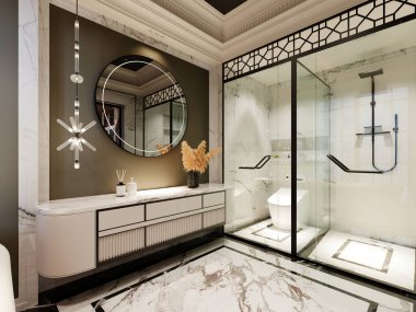  Cam kaplı duş, mermer döşeme ve özel gösterişli banyo. Parlak armatürler ve geometrik aksanlar gelişmiş ve modern bir tasarımı geliştirir. 3B görüntüleme, 3B resimleme.