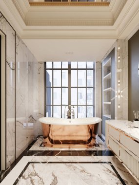 Lüks bakır küveti, mermer döşemesi ve karmaşık tavan detayları olan zarif bir banyo. Büyük pencereler alanı doğal ışıkla dolduruyor. 3B görüntüleme, 3B resimleme.