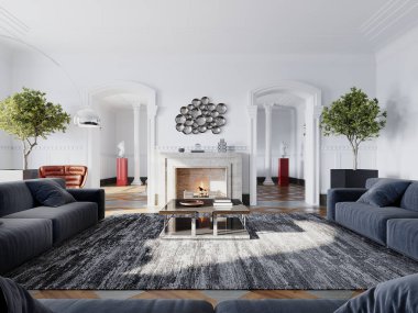 Şömineli, heykeltraşlı ve kadife koltuklu modern oturma odası. Minimalist zarafeti, mimari ayrıntıları ve sofistike zıtlıkları olan parlak bir alan. 3B görüntüleme, 3B resimleme.