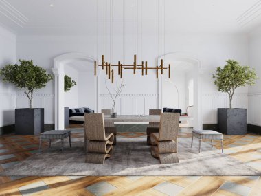 Heykeltraş sandalyeleri, pirinç avizesi, saksı ağaçları ve karmaşık döşemeleri olan geniş bir yemek odası. Modern ve klasik tasarım elementlerinin bir karışımı. 3B görüntüleme, 3B resimleme.