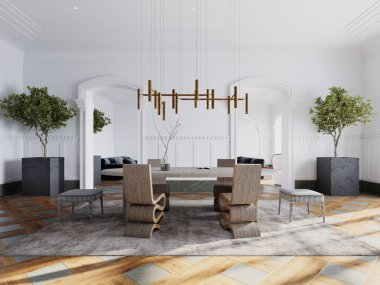 Spacious dining room featuring sculptural chairs, brass chandelier, potted trees, and intricate flooring. A blend of modern and classic design elements. 3D rendering, 3D illustration. clipart