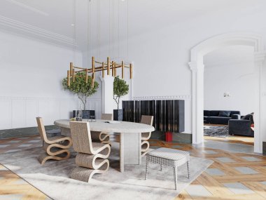 Modern heykeltraş sandalyeleri, yuvarlak taş bir masa ve doğal ışık ve yeşillikle vurgulanmış pirinç bir avize ile lüks bir yemek odası. 3B görüntüleme, 3B resimleme.