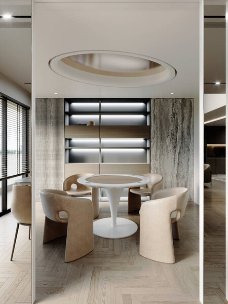 Современный обеденный уголок с круглым белым столом, бежевые скульптурные стулья, полки с подсветкой и минималистский декор, создавая элегантную и уютную атмосферу, 3D рендеринг, 3D иллюстрация
