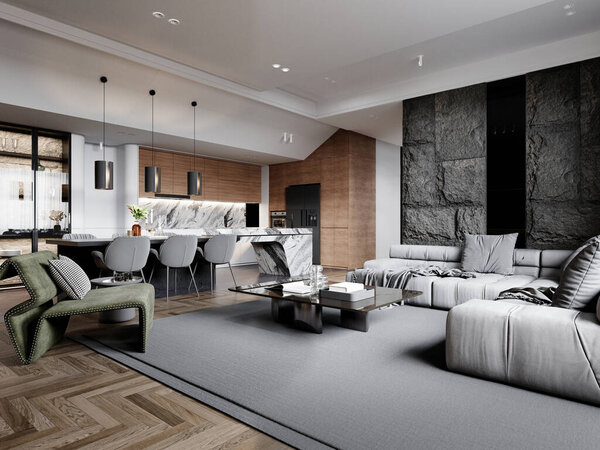 Открытая концепция гостиной и кухни с текстурированной каменной стеной акцента, уникальный зеленый скульптурный стул, и современные элементы декора, смешивая комфорт и современный стиль, 3D рендеринг, 3D иллюстрации