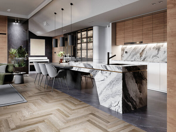 Modern open-concept living space featuring a sleek marble island with black veining, wooden cabinetry, and sophisticated pendant lighting, highlighting a minimalist aesthetic with natural tones and elegant materials, 3D rendering, 3D illustration