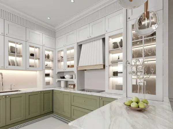 Stock image Charming kitchen with classic cabinetry, green lower cabinets, and white upper cabinets, accented with glass display shelves and marble countertops. Bright, elegant, and functional space. 3D rendering, 3D illustration.