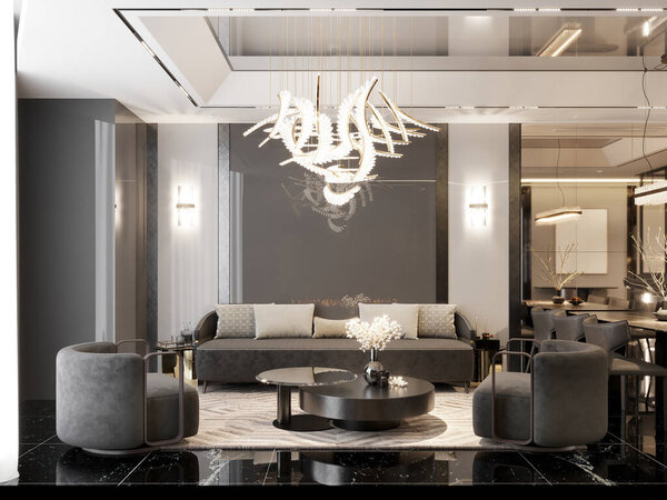 Modern living room with sleek furniture, dramatic lighting, and a monochromatic palette. Features a contemporary chandelier and luxurious finishes, creating a chic and sophisticated atmosphere. 3D rendering, 3D illustration.