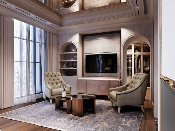 Уютная гостиная с креслами, круглыми кофейными столиками, встроенными полками и арочной кабиной, дополненной элегантными шторами и мягким освещением. 3D рендеринг, 3D иллюстрация.