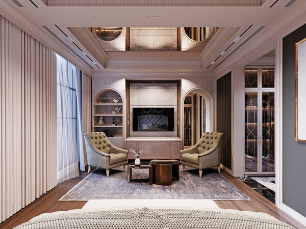 Уютная гостиная с креслами, круглыми кофейными столиками, встроенными полками и арочной кабиной, дополненной элегантными шторами и мягким освещением. 3D рендеринг, 3D иллюстрация.