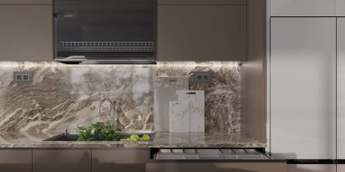 Zarif mutfak tasarımı çarpıcı bir mermer kaplama ve parlak bir dolap şiiri içerir. Paslanmaz çelik eşyalar minimalist estetiği tamamlarken, kabin altı aydınlatma çalışma alanını ön plana çıkarıyor. Çağdaş evler için işlevsel ve şık.