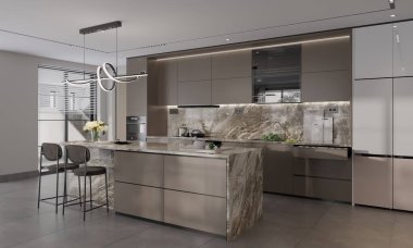 Çarpıcı mermer bir adanın, şık bir dolabın ve son model aletlerin bulunduğu modern bir mutfak. ortam aydınlatması zarafeti artırırken, minimalist bar tabureleri çağdaş tarzda bir dokunuş ekliyor.