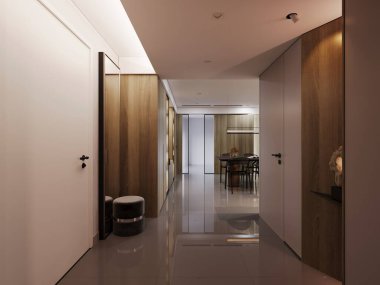 Gösterişli, modern bir koridorda zarif ahşap paneller ve parlak fayanslar bulunur. Şık ışıklandırma ve modern mobilyalarla minimalist tasarım bu mimari iç mekanda sofistike bir atmosfer yaratır..