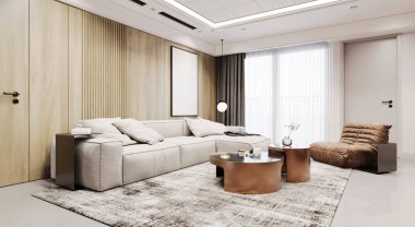 İçinde bej bir kanepe, çağdaş bir koltuk, ahşap panel duvarlar ve parlak kahve masaları olan modern minimalist oturma odası. Geniş pencereler doğal ışığa izin verir, dinginlik ve konforlu ortam rahatlama için idealdir..