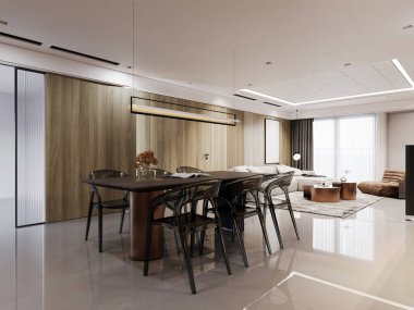 Minimalist mobilyalar ve modern dekorun yer aldığı gösterişli, açık fikirli bir yaşam ve yemek alanı. Alan, geniş bir ahşap aksan duvarı, şık bir yemek seti ve geniş pencerelerden gelen doğal ışık ile güçlendirilmiştir..