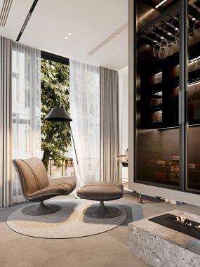 Şık şatafatlı şezlonglar ve şık bir şarap deposu olan modern yaşam alanı. Yerden tavana pencereler, nötr tonlar ve çağdaş dekorla tamamlanan doğal ışığın boşluğu aydınlatmasına izin verir.