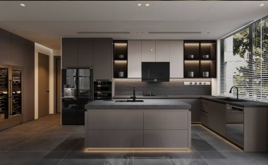 A state-of-the-art kitchen showcasing modern design with sleek cabinetry, integrated high-tech appliances, and a central island. ambient lighting and large windows enhance the minimalist aesthetic, creating a sophisticated cooking space. clipart