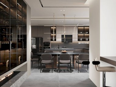 Modern mutfak iç mimarisi, gösterişli dolaplar, minimalist ışıklandırma ve şık bir yemek alanı. Mekan zarafet ve işlevselliği üst düzey sonlarla ve lüks yaşam için ideal sofistike bir atmosferle birleştiriyor..