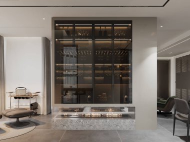 Sofistike bir oturma odasında şık bir şömine ve şık bir cam raf bulunur. Modern iç tasarım, konforu zarafet, lüks koltuklar ve zevkli dekorasyonla modern bir ortamda birleştirir..