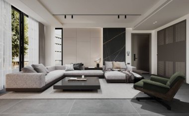 Gösterişli, modern minimalist oturma odası büyük gri bir bölüm koltuğu, zarif yeşil bir koltuk ve çağdaş siyah bir kahve masası. Oda geniş pencerelerden gelen doğal ışıkla aydınlatılır, nötr renk paleti sp 'yi yükseltir.