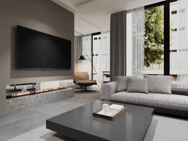 A sleek, minimalist living room featuring a linear fireplace and a large tv. a modern gray sofa and a stylish lounge chair add comfort. floor-to-ceiling windows offer an urban view, highlighting contemporary interior design. clipart