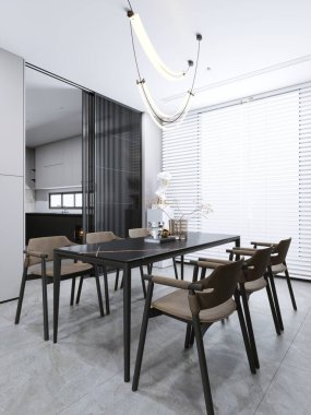 Gösterişli ve çağdaş yemek odası şık bir masa, yastıklı sandalyeler ve çarpıcı bir lamba armatürüne sahip minimalist bir tasarıma sahip. Uzay, panjurlu büyük pencerelerden gelen doğal ışık ile vurgulanır ve sıcak ve davetkar bir atmosfer yaratır..