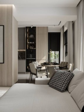 Açık mutfak ve konforlu yaşam alanı olan modern bir daire. Tarafsız tonlar ve modern mobilyalar sıcak ve davetkar bir atmosfer yaratır. Bir tazı yastığı klasik bir zarafet katar..