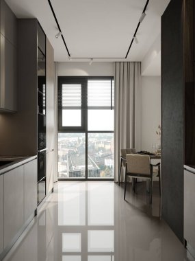 Çağdaş daire tasarımı, panoramik şehir manzarası sunan geniş pencerelerle çerçevelenmiş şık bir mutfak ve rahat bir yemek alanına sahiptir. Minimalist dekor, temiz çizgiler ve doğal ışığı vurguluyor..