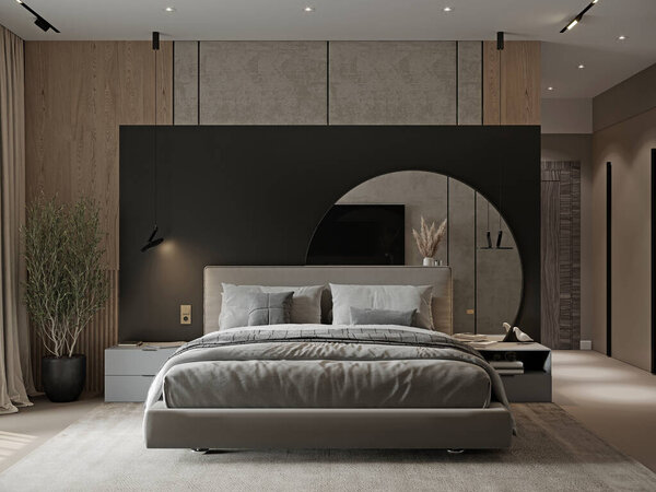 Элегантная современная спальня демонстрирует минималистскую эстетику с акцентом на нейтральные цвета и текстуры. особенности включают в себя стильную кровать, геометрическое освещение, большое зеркало, и природные акценты, как крытый завод дополняется мягкой, естественной крышкой