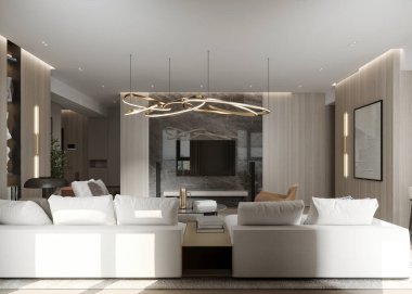 Minimalist beyaz koltukların, sofistike bir mermer televizyon duvarının ve sanatsal bir avizenin olduğu çağdaş bir oturma odası. Odanın nötr tonları ve gösterişli estetiği huzurlu ve zarif bir atmosfer yaratır..