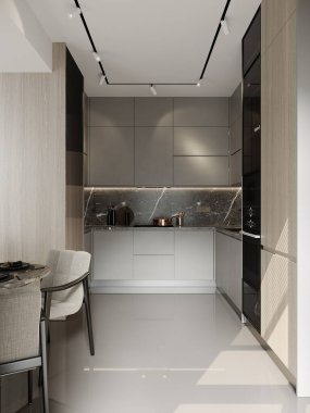 Gösterişli, modern bir mutfak. Minimalist gri dolaplar, lüks bir mermer kaplama ve entegre aletler. İnce ışıklandırma ve yansıtıcı yüzeyler temiz ve çağdaş estetiği geliştirir..