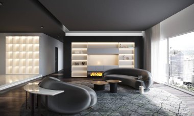 Çağdaş oturma odasında kıvrımlı koltuklar ve şık yuvarlak bir kahve masası var. Oda sofistike bir şömine ve aydınlatılmış raflarla vurgulanıyor. Şehir manzarası ile lüks ve konforun bir karışımını sunuyor..