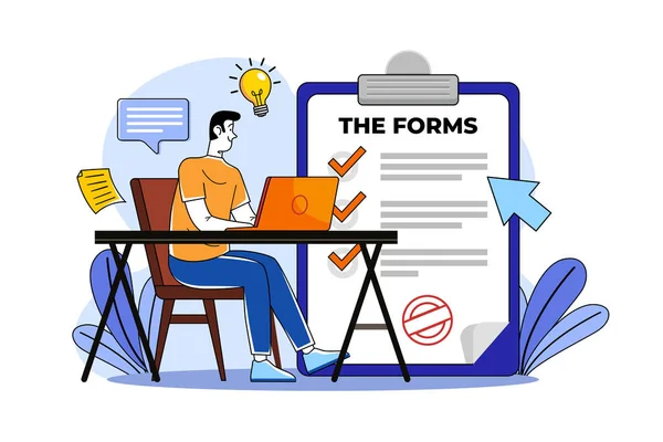 stock vector The guy with the laptop fills out the forms