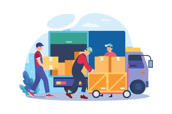 Worker Loading Packages Truck — Stock Vector