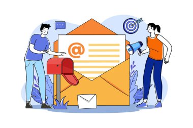 Email Illustration konseptiyle promosyon. Beyaz arkaplanda izole edilmiş düz bir illüstrasyon