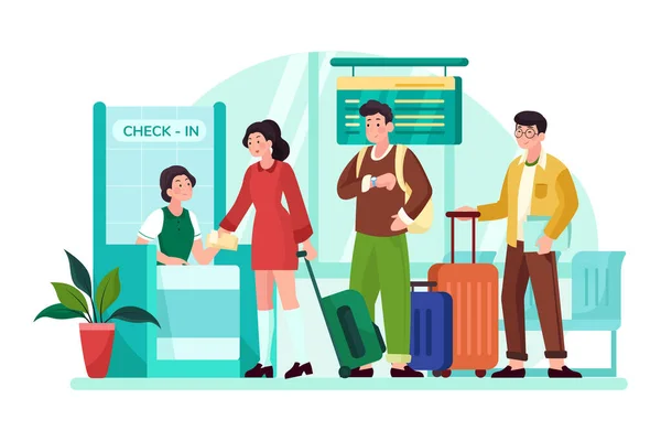 Passengers Stand Line Check Airport — Vector de stock