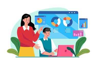 İş dünyası başkanı ve personeli iş büyüme grafiğini analiz ediyor