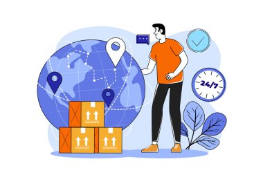 Global Delivery Illustration konsepti. Düz illüstrasyon beyaz arkaplanda izole edildi