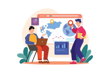 Global Business Illustration konsepti. Düz illüstrasyon beyaz arkaplanda izole edildi