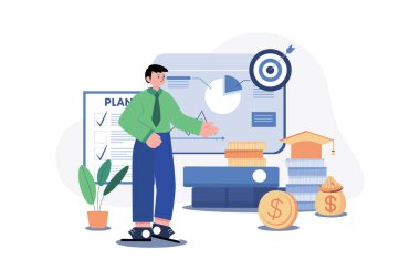 Business Education Illustration konsepti. Beyaz arkaplanda izole edilmiş düz bir illüstrasyon