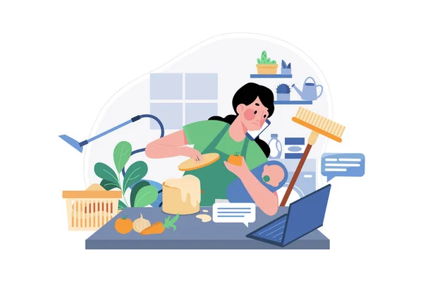 Woman Doing Multitasking While Working Home — Vector de stock