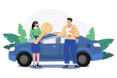 Yeni bir arabanın anahtarını alan gülümseyen genç kadın.