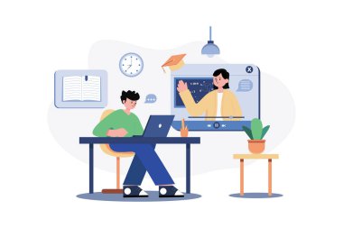 Dijital Sınıf İllüstrasyon Konsepti. Beyaz arkaplanda izole edilmiş düz bir illüstrasyon