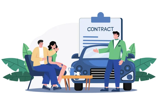 Sprzedawca Samochodów Wyjaśniający Umowę Sprzedaży Parze Kupującej Samochód — Wektor stockowy