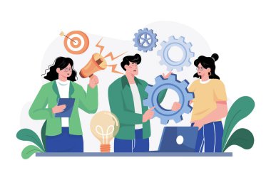 Business Team Management Illustration konsepti. Beyaz arkaplanda izole edilmiş düz bir illüstrasyon